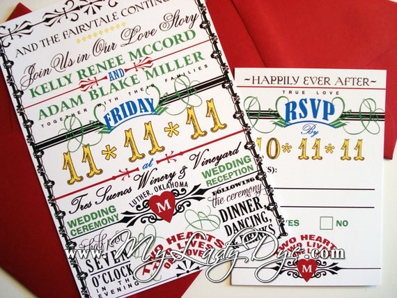 Whimsical Romantic Fairy Tale Story Book Themed Wedding Invitation Set - Heart, Scroll, Border - By My Lady Dye