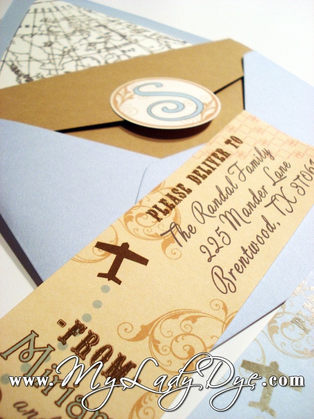 Super Cute Atlas Map Vintage Modern Rustic Pocket-Fold Wedding Invitation - Scrolls, Bird, Map - By My Lady Dye