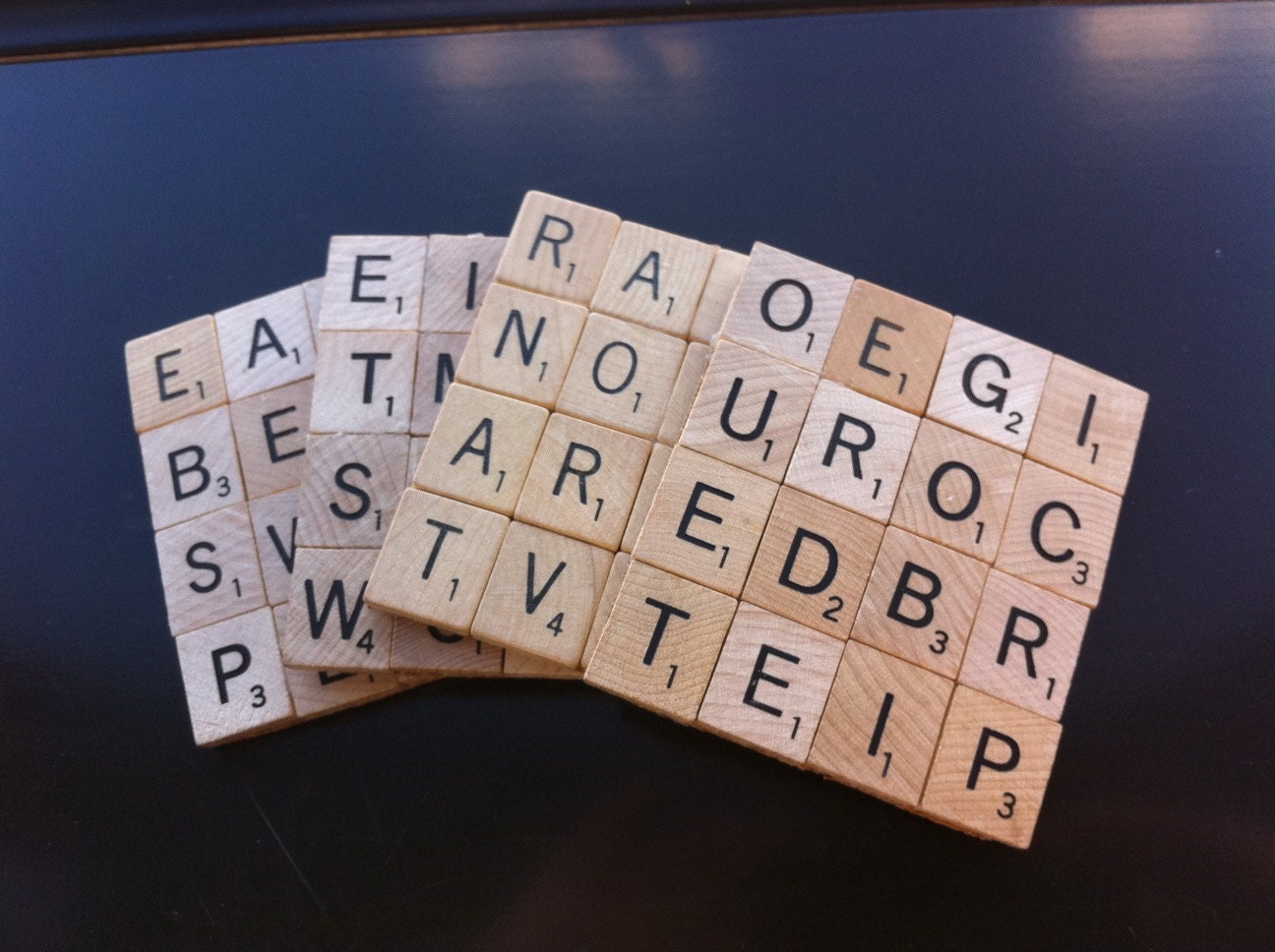 Wood Scrabble coasters. Set of 4. Cork bottom. Handmade from vintage game tile pieces.