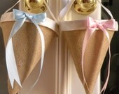 Natual Burlap Cone with Blue, Pink or Custom Ribbon for Baby Shower Decoration, Hanging Vase, Favor Basket or Gift Bag