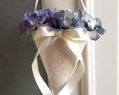 Cream Burlap with Ivory Ribbon Flower Girl Basket or Wedding Decor Cone for Aisle Chairs, Pew Cones or Tossing Petals - Custom Ribbon Avail.