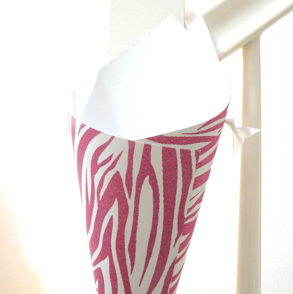 Hot Pink or Black Glitter Zebra Print Party Decor Cone for Favor Holder, Chair Marker, Birthday Door, Showers or Wedding Aisle