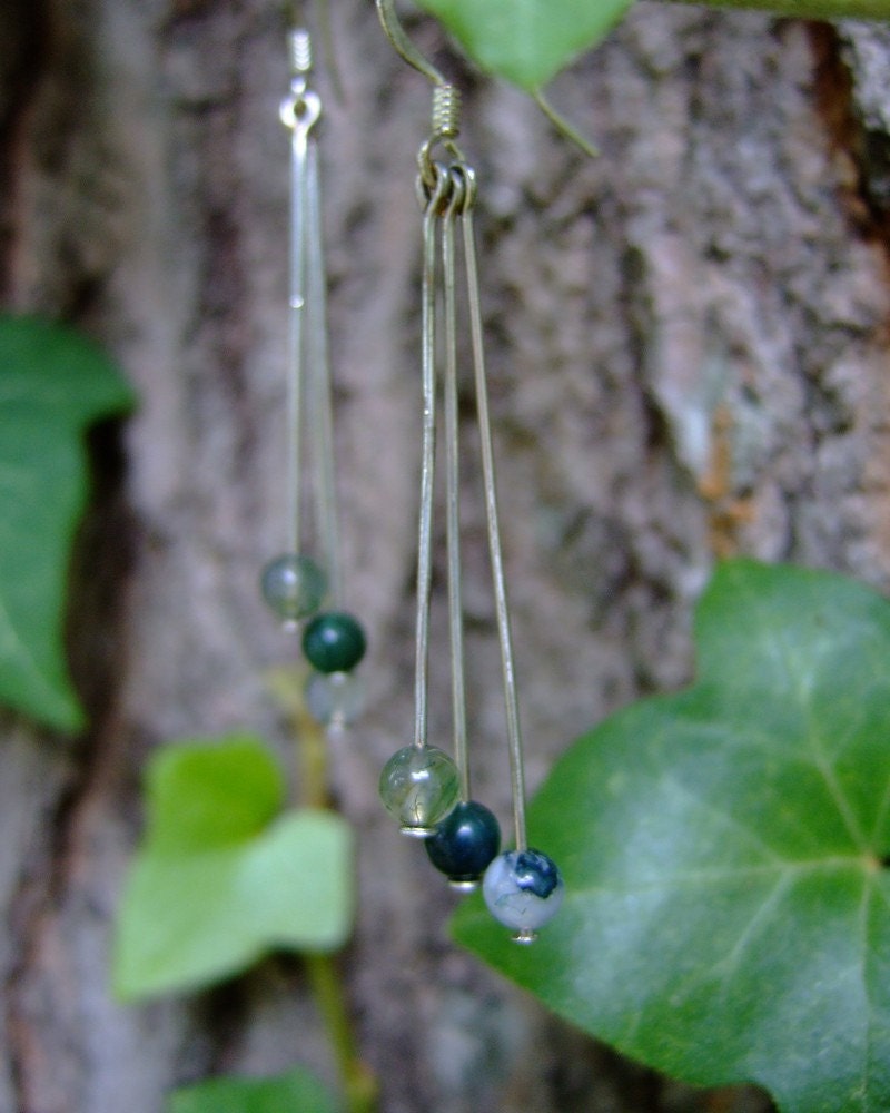 Threesome, moss agate and silver earrings