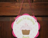 Cupcake Theme Door Sign - Happy Birthday Party Decoration in Hot Pink and Green Il_170x135