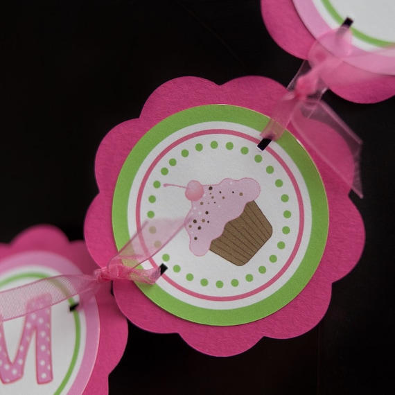 I am 1 MINI BANNER Cupcake Happy Birthday Sign Party Decoration in Hot Pink and Green Il_570xn