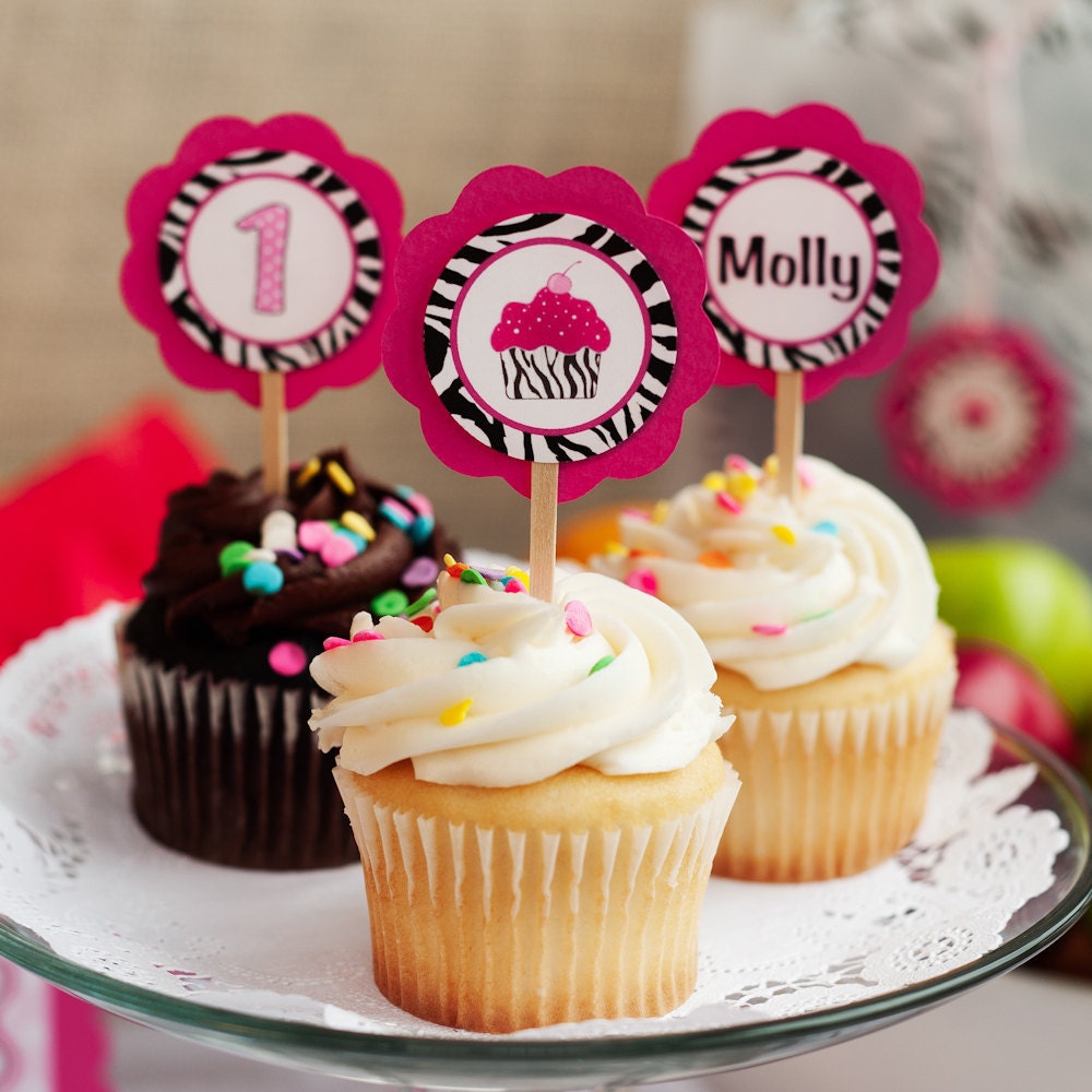 Zebra Birthday Party, Cupcake Toppers, Pink Zebra Cupcake Theme