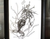 Mermaid in Distress original pen and ink illustration in 8x10  frame
