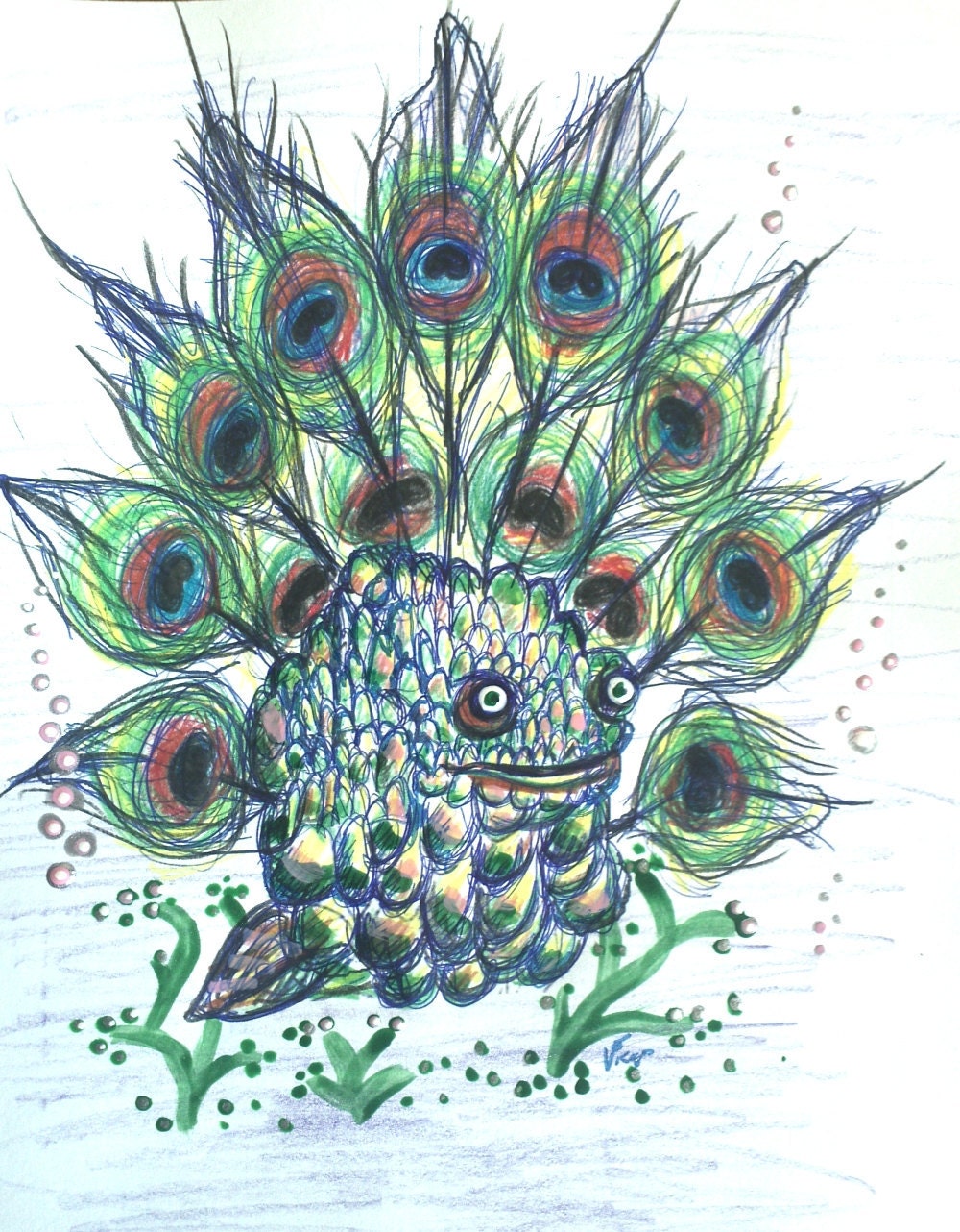 mutant Peacock Brussel Sprout Meatball fish mixed media drawing