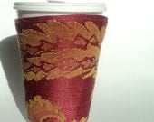 insulated Cup Cozy and cuff w secret stash pocket in floral gold and red