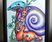 Garden Guardian Snail woman colored pencil with a purple shell, orange complexion, and turquoise Mushroom and blue flowers