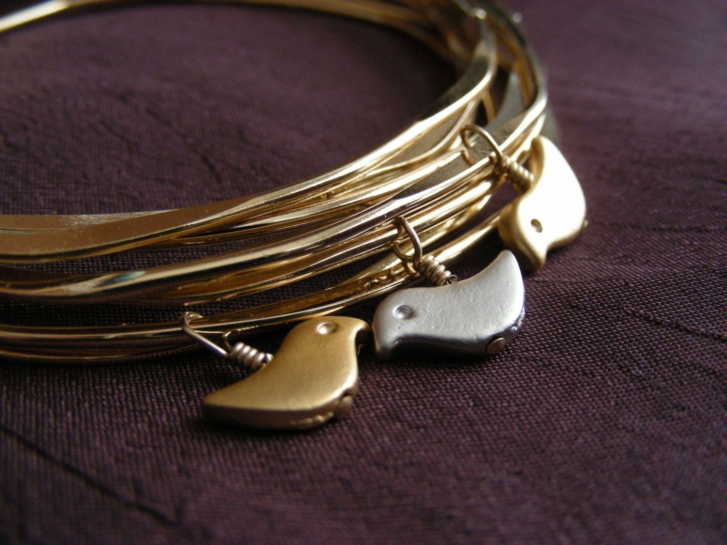SALE  Birds Nest Bangle - Set of 8 Gold Plated Bangles with 2 Gold and 2 Silver Birds  SALE