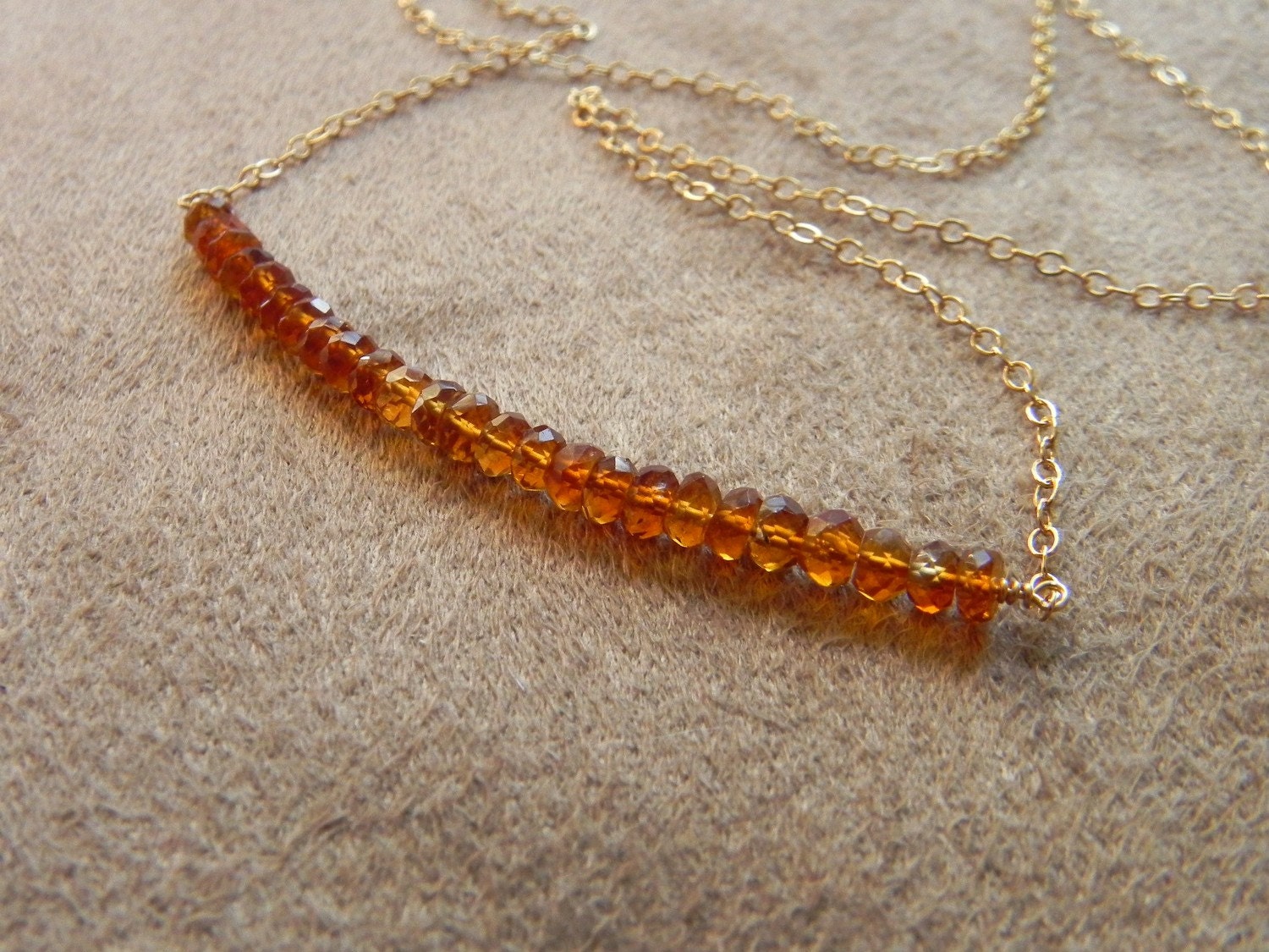 Mandarin Garnet and Gold Fill Color Block Necklace January and Aquarius Birthstone 14kt