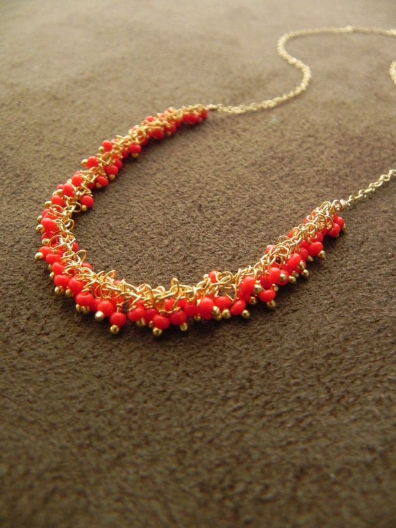 Red Glass Vermeil and Gold Filled Cluster Necklace 14kt