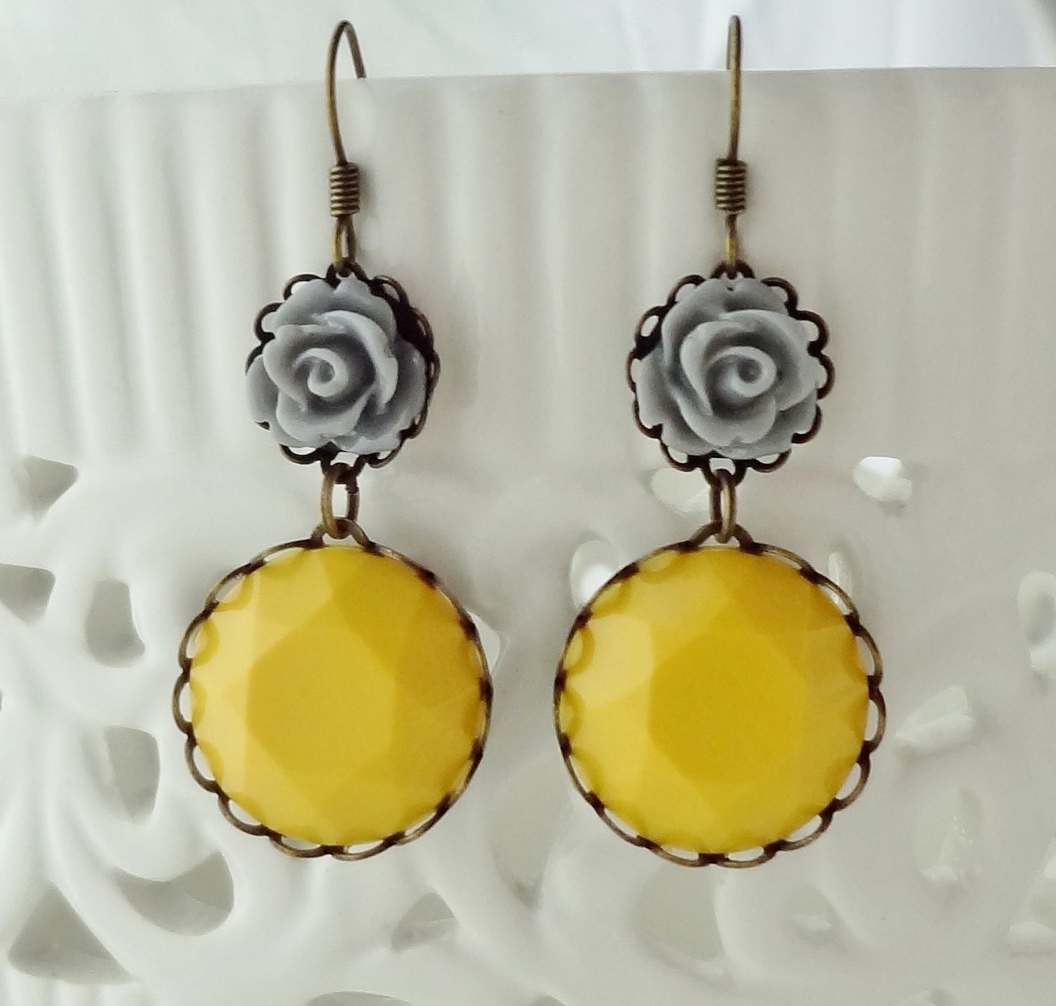 SHOP SALE- Yellow and Gray Earrings in Antique Brass. Roses. Gift for her under 25 usd