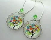SHOP SALE- Colorful Tree Earrings in Silver. Spring. Flowers. Multi-color. Rainbow. Gift for her under 25 usd