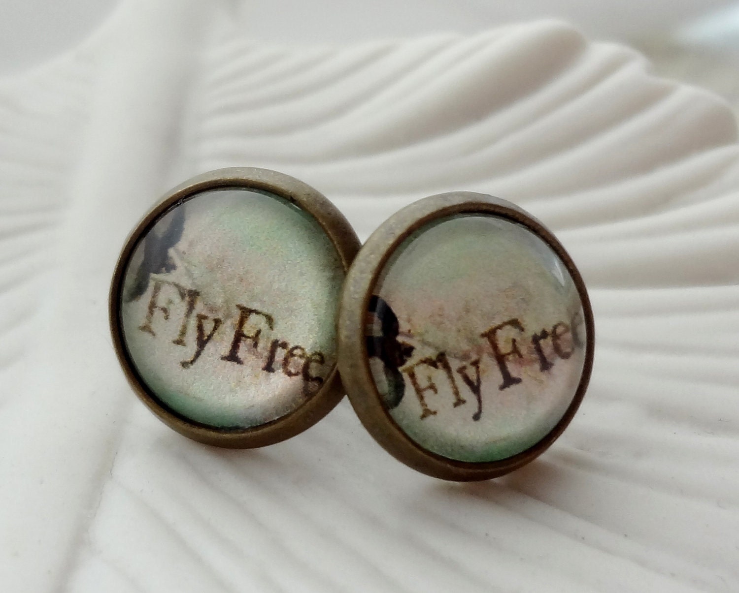 SHOP SALE- Light Mint Fly Free Bird Post Earrings in Antique Brass