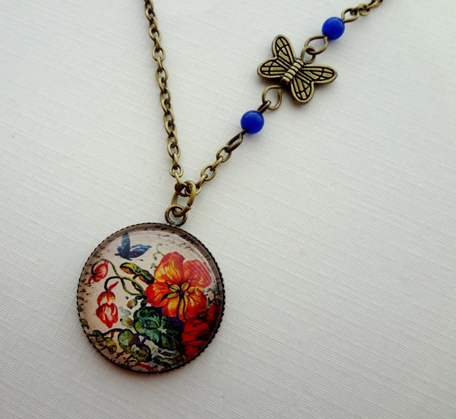 Vintage Floral Butterfly Necklace in Antique Brass (Long). Blue. Orange. Red. Yellow.Green. Multi-color