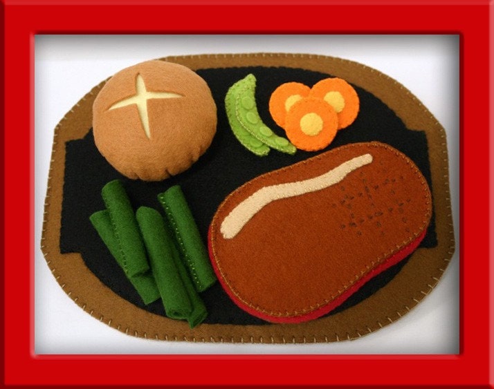 Wool Felt Play Food - Steak and Dinner Roll