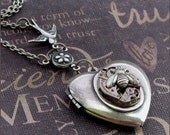 Silver Heart Locket Necklace - Enchanted Birds and Bees - Jewelry by TheEnchantedLocket - STEAMPUNK I Love You Wife Daughter Bride Gift