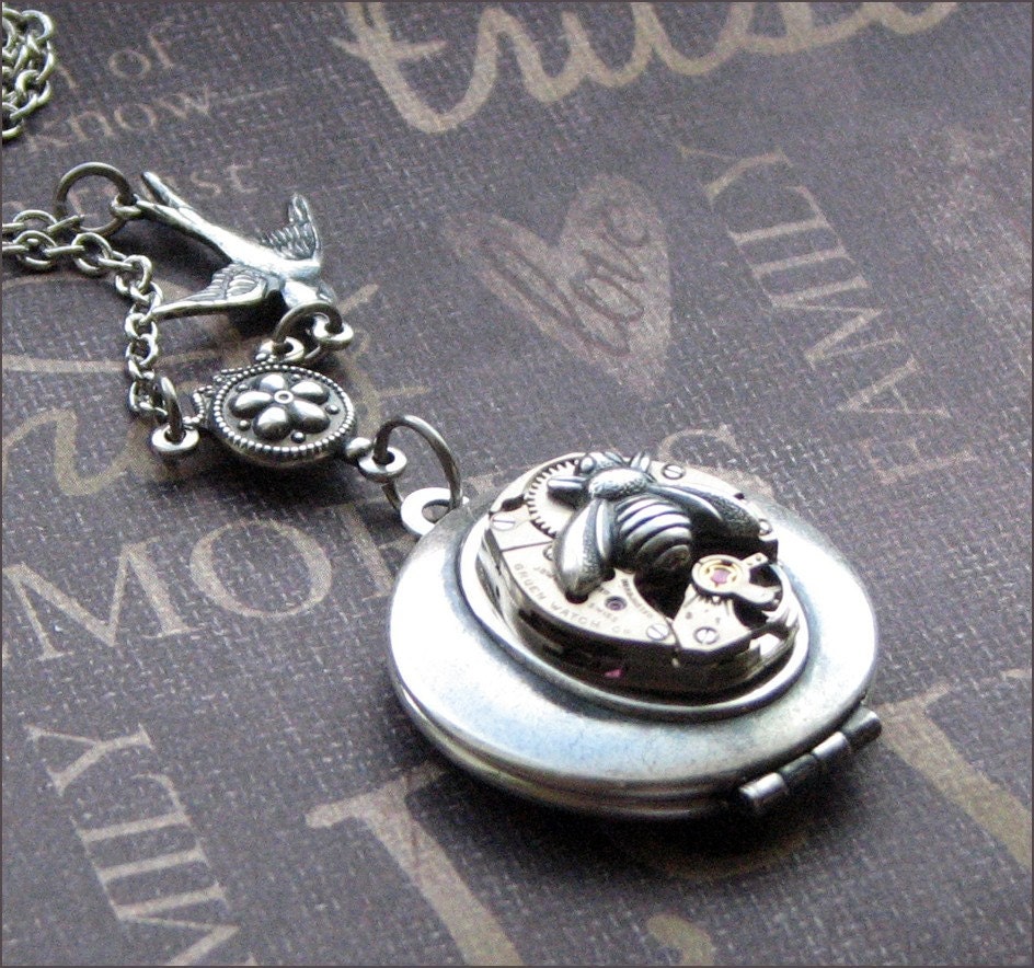 Silver Steampunk Locket Necklace - Enchanted Birds and Bees - Jewelry by TheEnchantedLocket - UNIQUE Anniversary Wedding Bride Gift