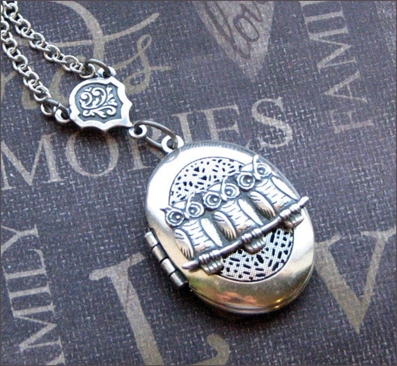 Necklace Locket - Silver Scent Locket Necklace - Antiqued Silver - Lace - Enchanted Woodland Baby Owls - By TheEnchantedLocket
