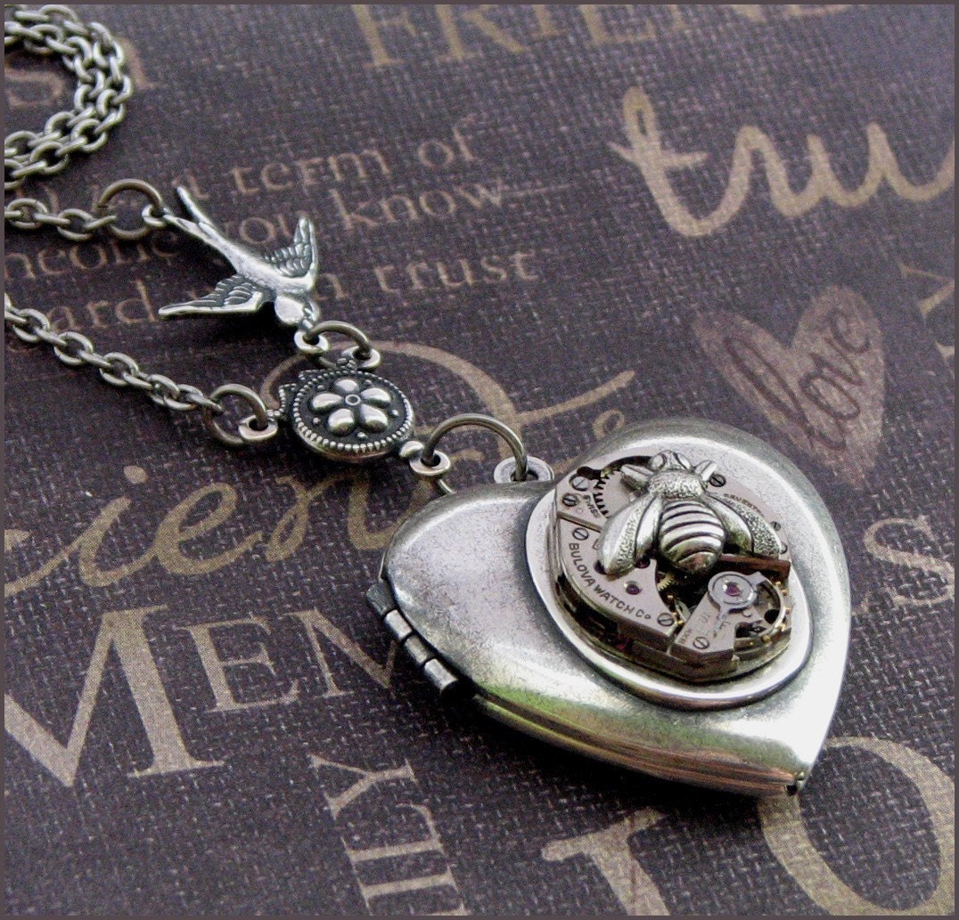 Silver Heart Locket Necklace - Enchanted Birds and Bees - Jewelry by TheEnchantedLocket - STEAMPUNK I Love You Wife Daughter Bride Gift