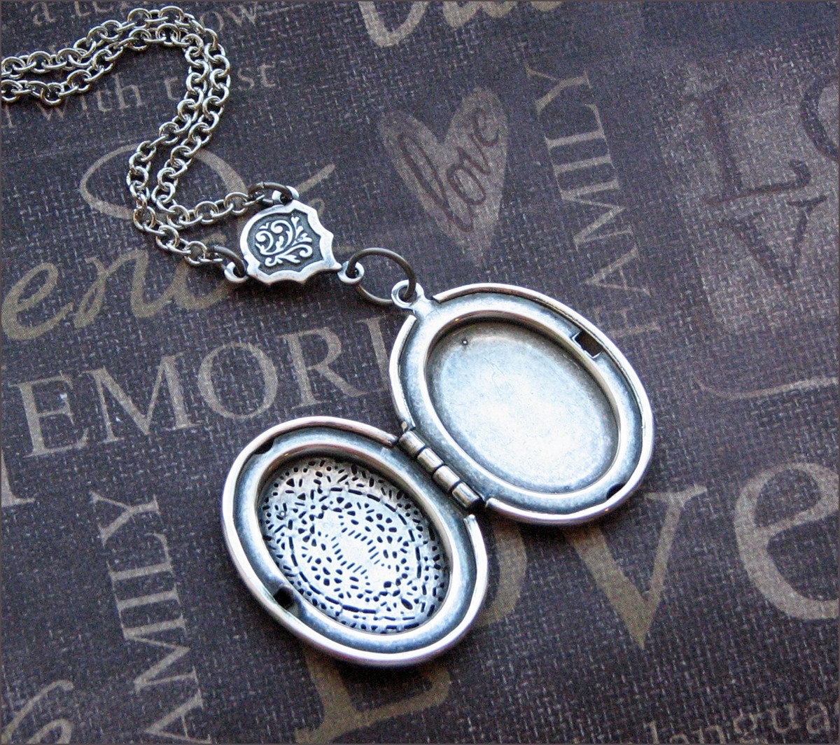 Necklace Locket - Silver Scent Locket Necklace - Antiqued Silver - Lace - Enchanted Woodland Baby Owls - By TheEnchantedLocket