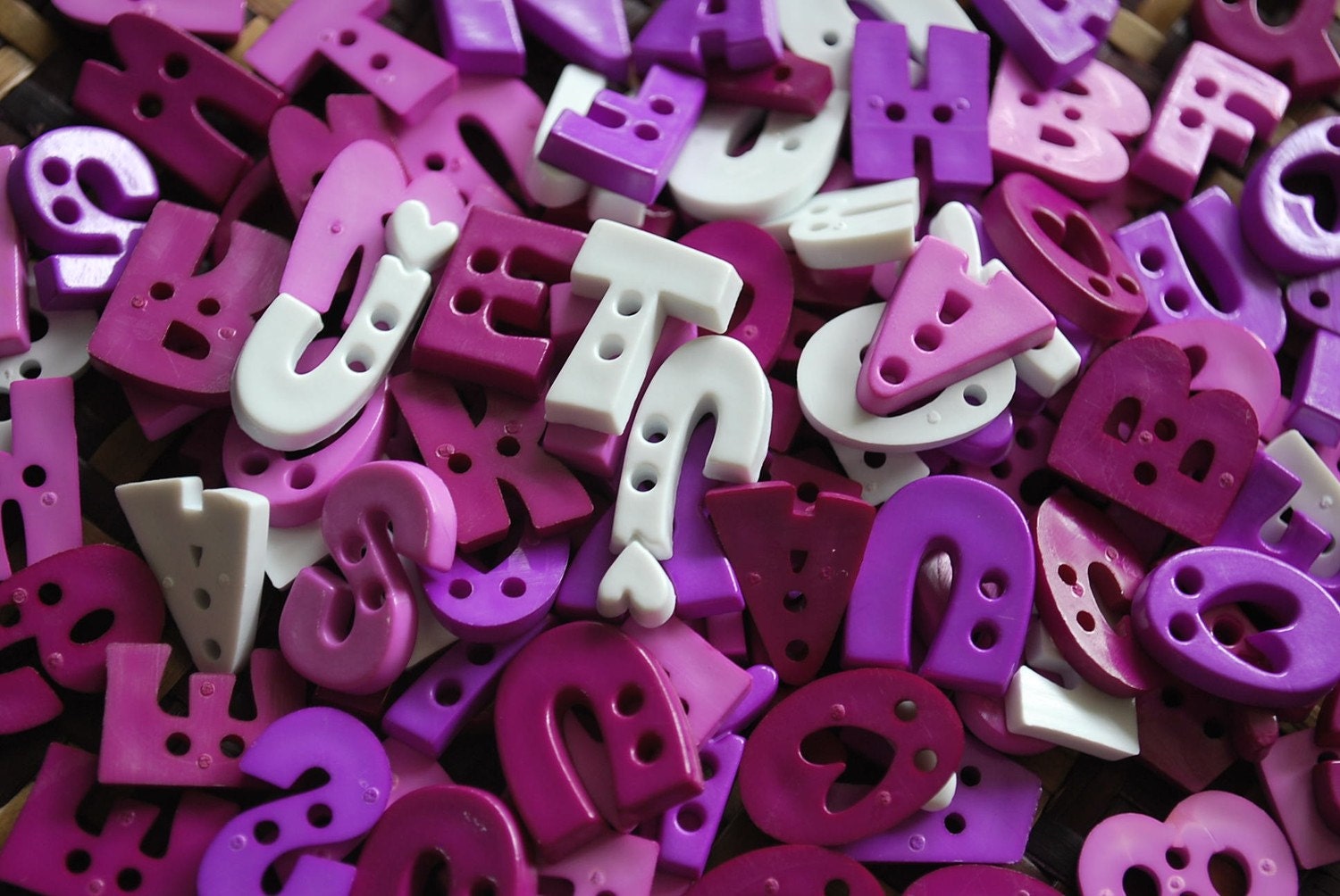Letter Buttons - Assorted shape and colour - Violet tone - 50 buttons Only 3.45 USD