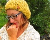 slouchy beret hat golden yellow with handmade wood button