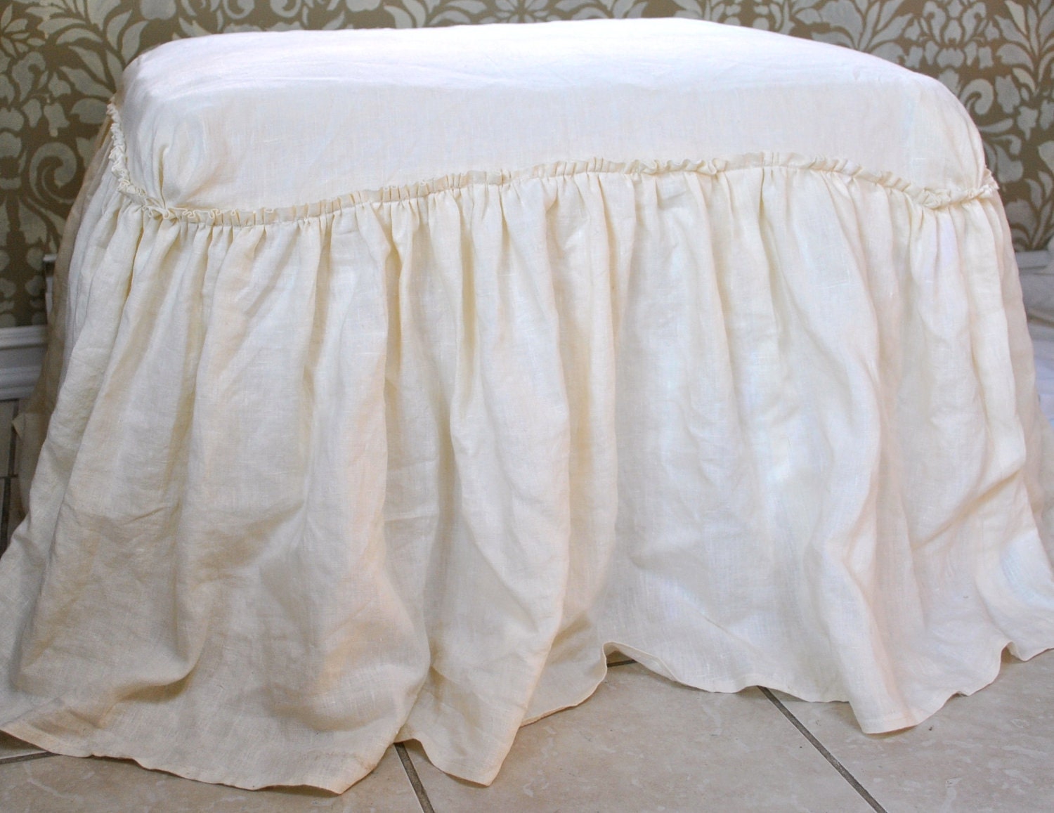 Linen Gathered Skirt Ottoman Cover