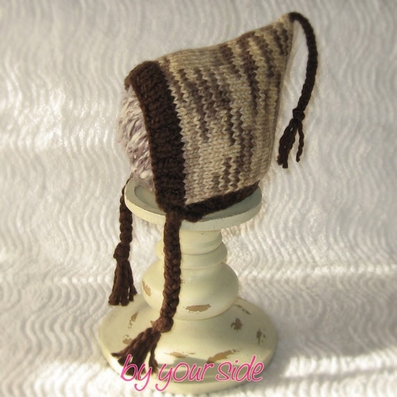 Brown Cream and Tan Baby Hat, Baby Pixie Bonnet, Baby Bonnet, Baby Hat with Tassel, Newborn Hat, Photo Prop, Ready to Ship, Free Shipping