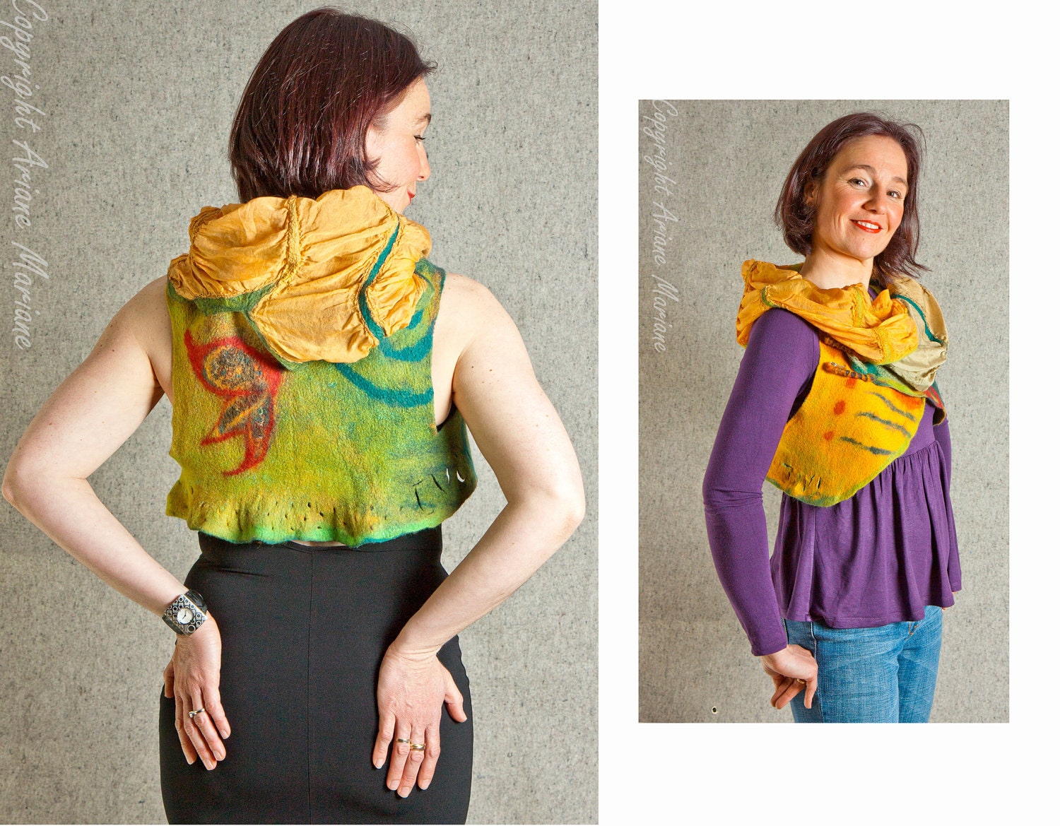 multicolored fancy nuno felted vest /  woman fiber art clothing yellow green/ reversible bolero wrap shrug vest /Size M to L