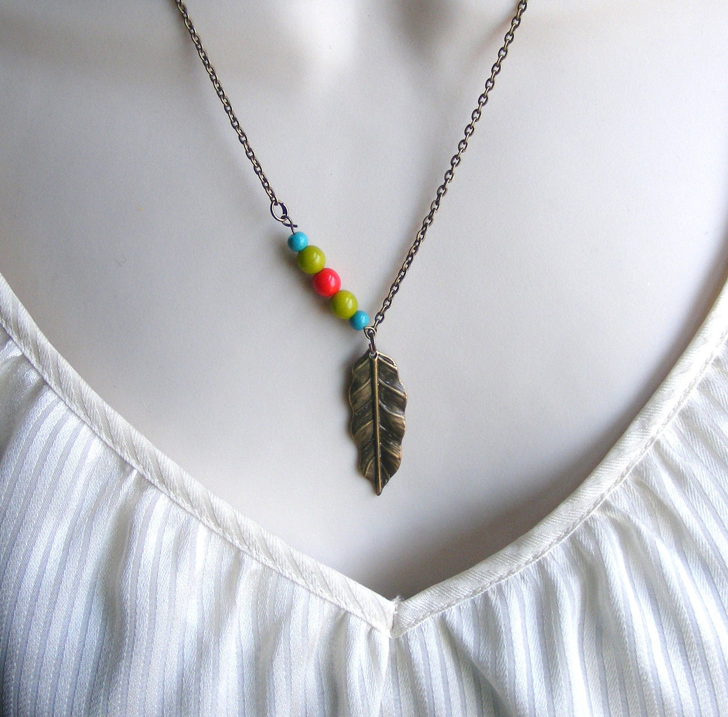 Simple Feather Necklace in Antique Bronze with Red, Turquoise and Lime Green Beads. Tribal. Beaded Necklace. Feather Pendant