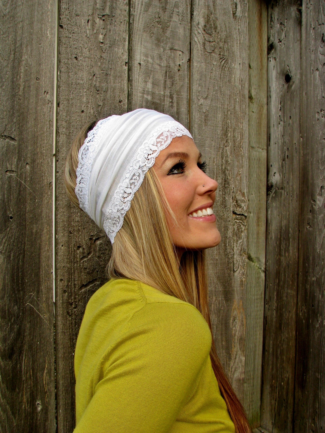 ECO Friendly Hemp Rayon Jersey Knit Headband in White with Stretch Lace Trim