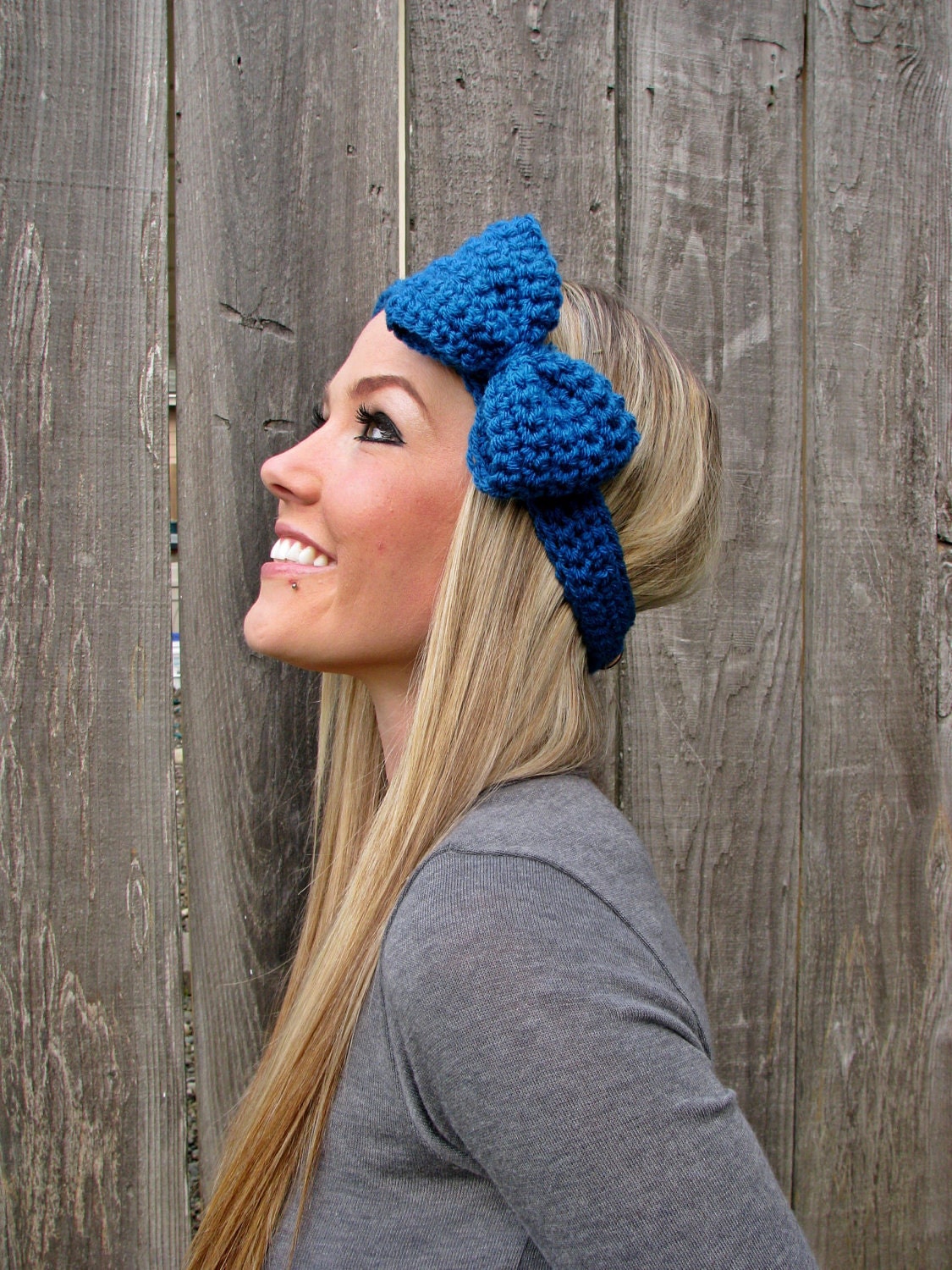 Sapphire Blue Bow Headband with Natural Vegan Coconut Shell Buttons - Adjustable