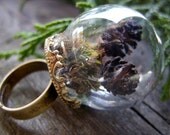 mini terrarium ring miniature terrarium jewelry moss pinecone woodland green brown glass dome forest