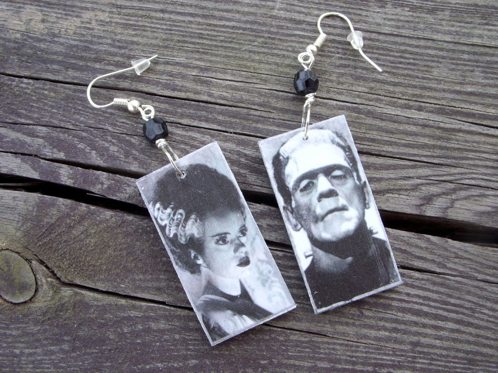 the bride of frankenstein 30's horror movie halloween monster spooky decoupage earrings Elsa Lanchester Boris Karloff black and white