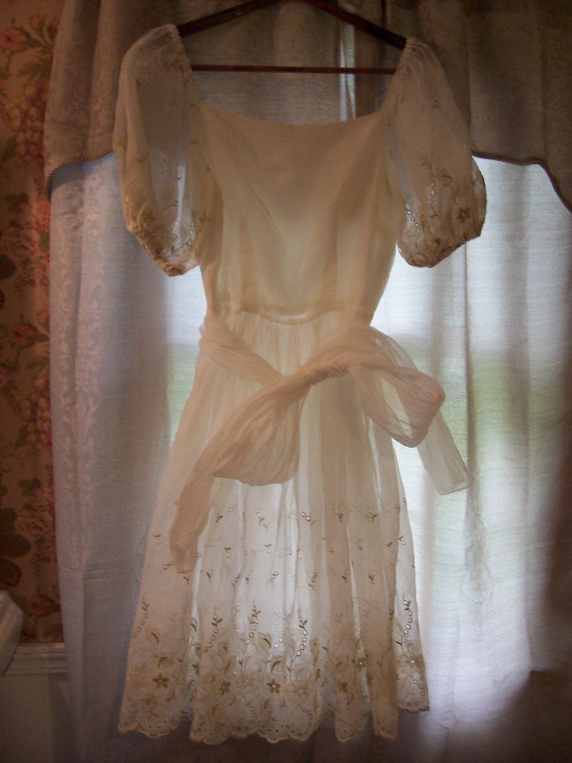 Clearance Vintage 1950s Romantic Garden Party Dress, Sheer White stiffened Voile with ornate ECRU EYELET embroidery and cutouts