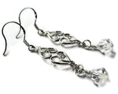 Swarovski Crystal Earrings, Sterling Silver, Heart, Wire Wrapped, Round, Clear, Sparkle, Evening, Dangle, Drop, Valentines Day, Sweet