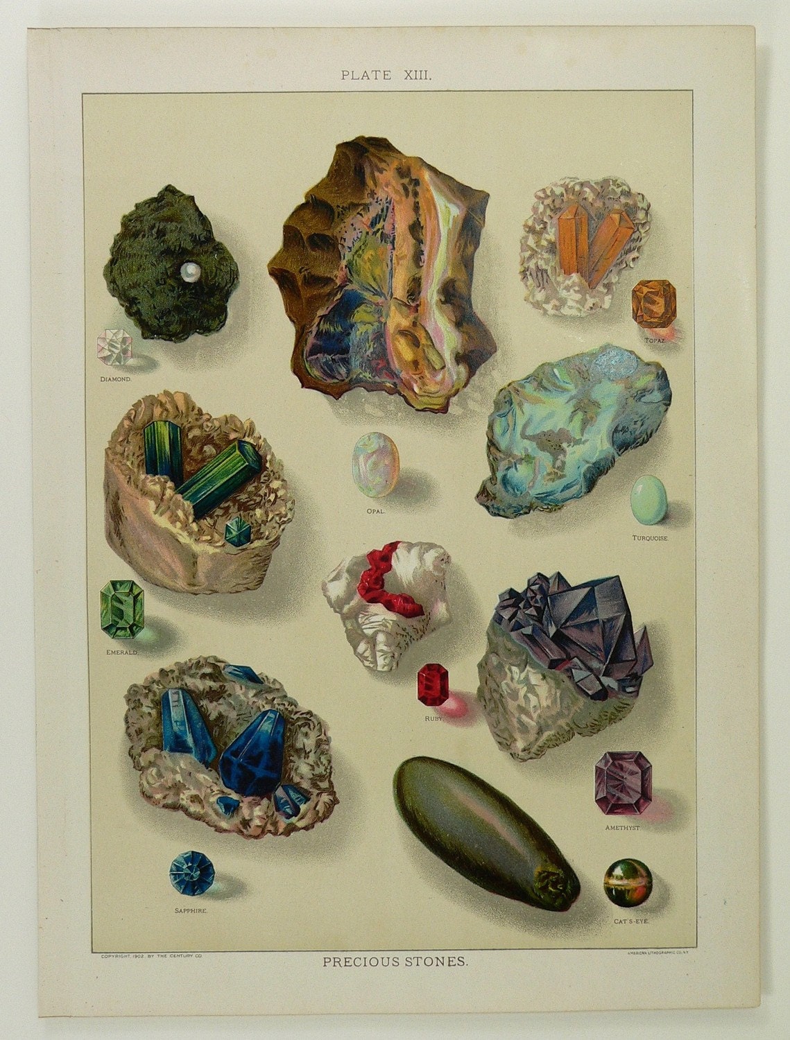 Precious Stones Gems  Antique 1904 Color Chromolithograph Print Diamond Saphire Ruby Opal Emerald Topaz Turquoise Amethyst Cats Eye