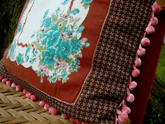 Cottage Chic Pillow in Brown & Pink with Pompoms, Embroidered Handkerchief, Upcycled Vintage