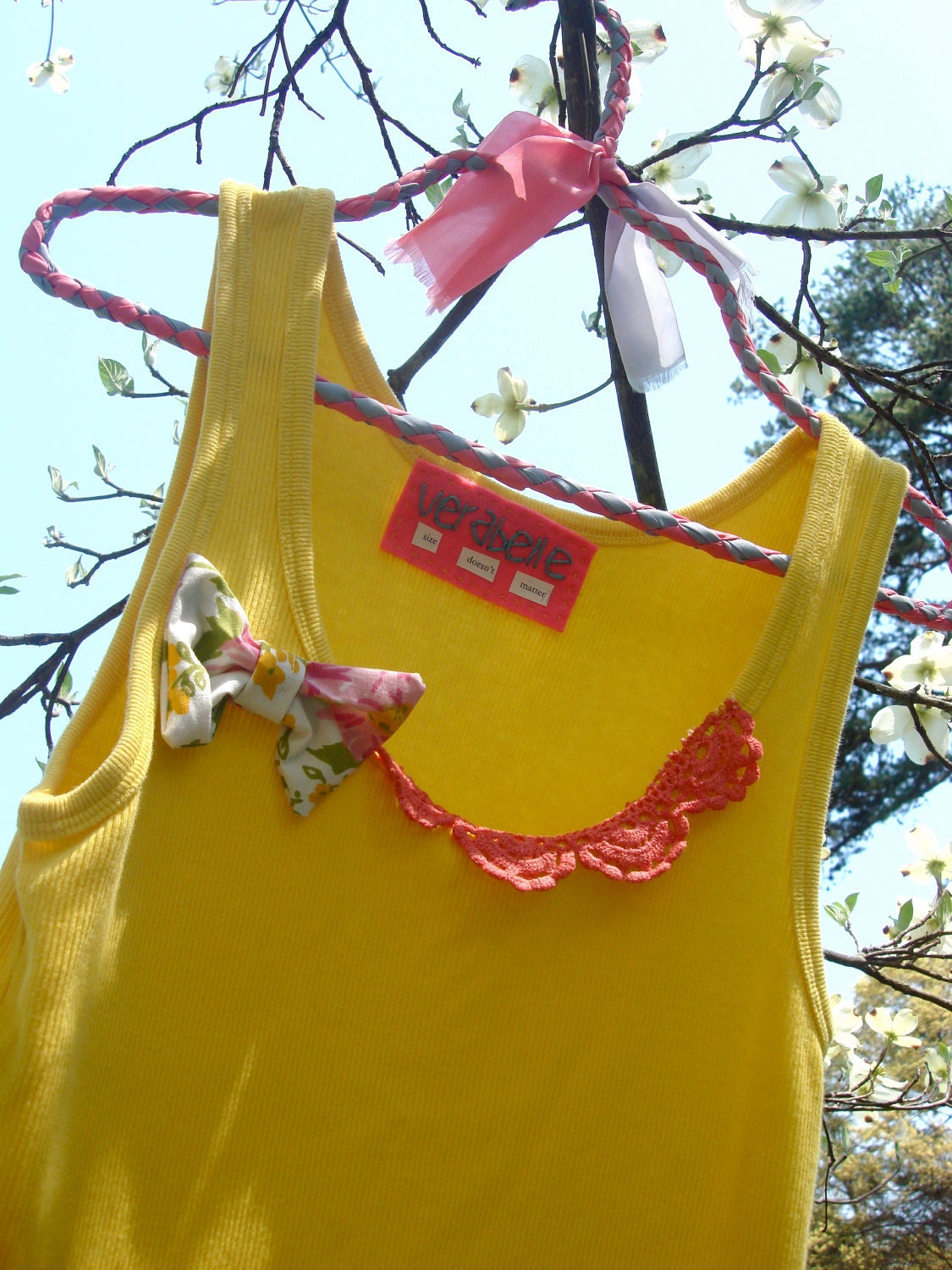 SALE Yellow and Coral Pink Tank Top, Embellished with Floral Bow