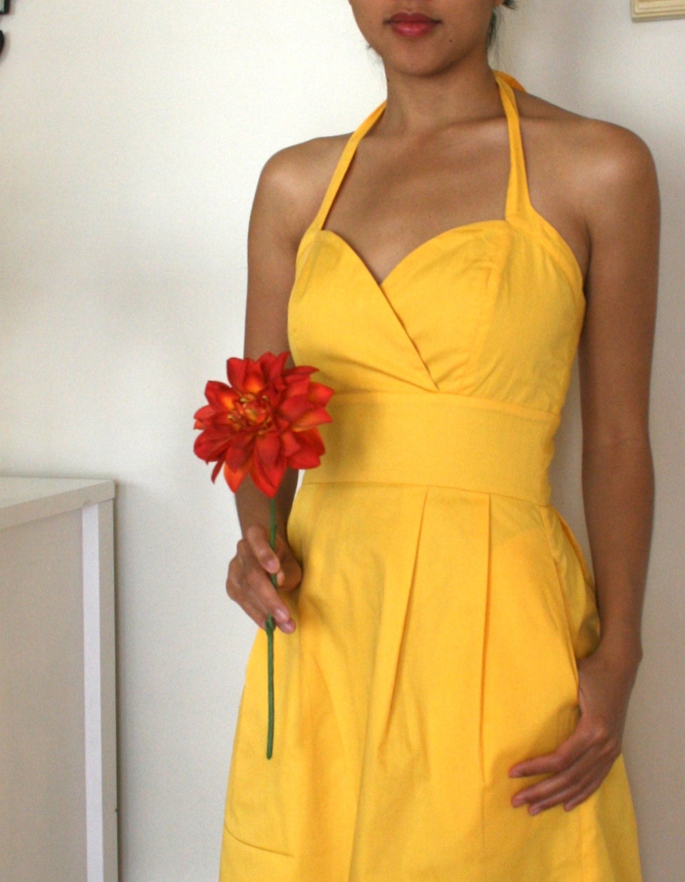 Halter Cotton Bridesmaid Dress Sweetheart Neckline Pockets, Spring Summer Garden Party Dress, Custom Color - KIRSTEN