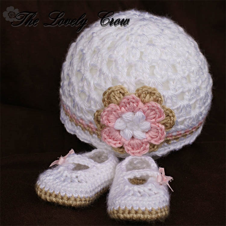 Crochet Pattern Set  for Baby Ribbon Maryjane Booties, and Princess Flower Beanie Hat digital