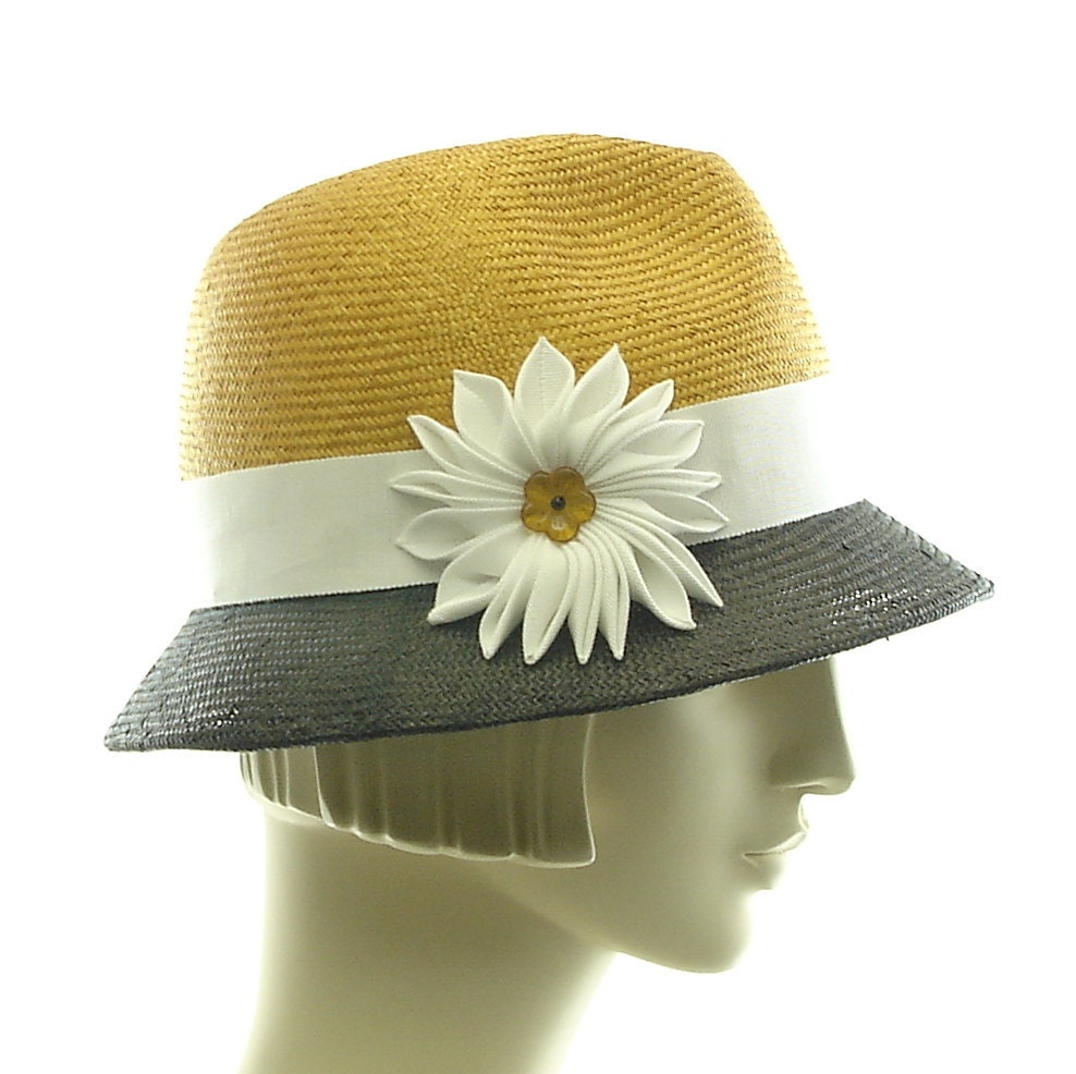 Two Tone Womens Fedora Hat - Vintage Style Straw Hat - Black & Gold