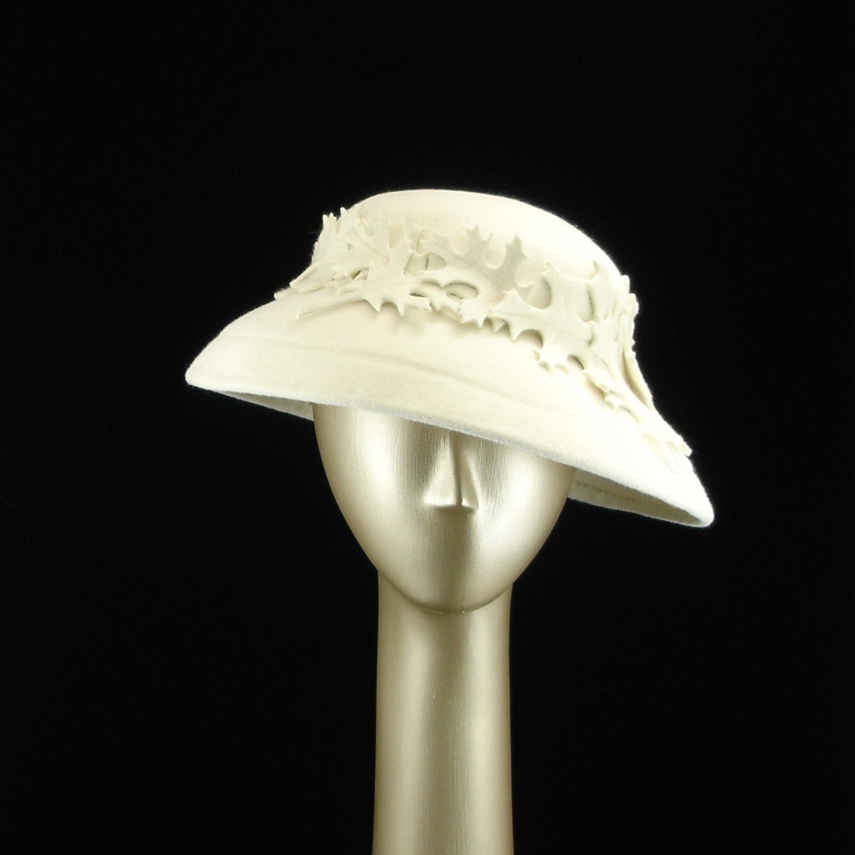 Handmade Cloche Felt Hat in Winter White Fur Felt with Hand Cut Oak Leaves - The Millinery Shop