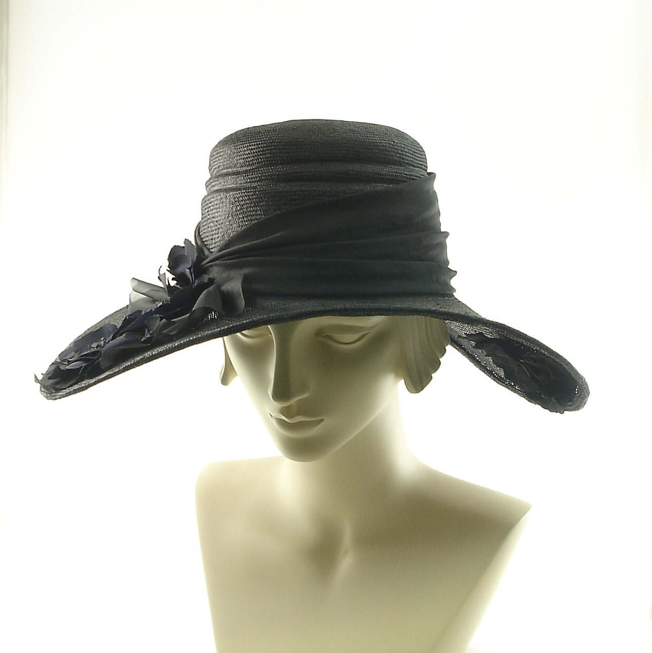 Kentucky Derby Hat For Women - Handmade Wide Brim Straw Hat - Black & Purple Flowers