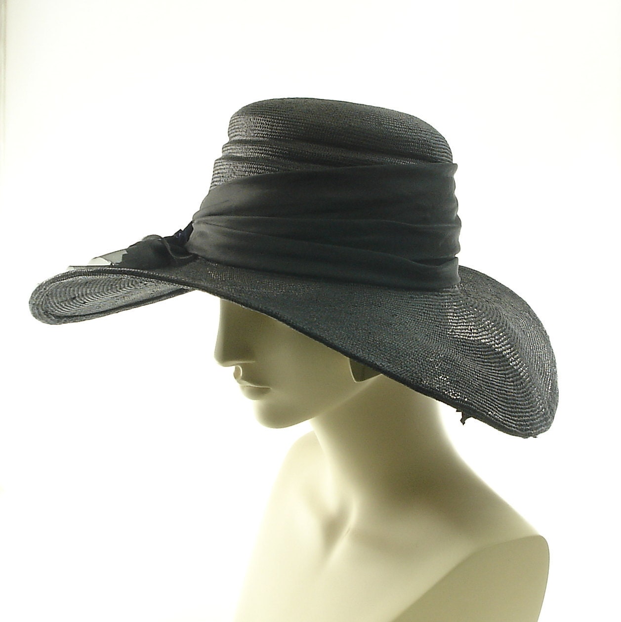 Kentucky Derby Hat For Women - Handmade Wide Brim Straw Hat - Black & Purple Flowers