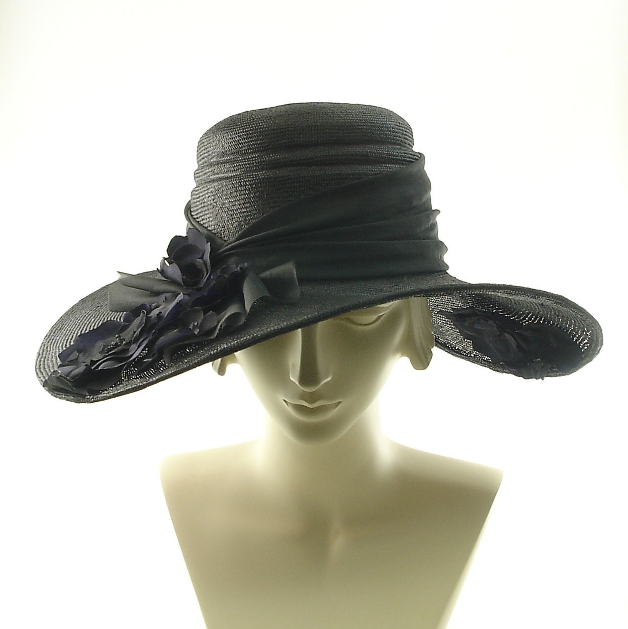 Kentucky Derby Hat For Women - Handmade Wide Brim Straw Hat - Black & Purple Flowers