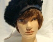 Vintage Black Rabbit Fur Beret with Beading.